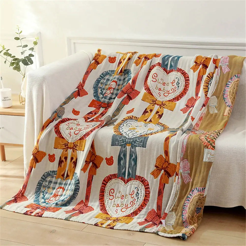 Blue teddy bear gauze cotton bath towel bedroom blanket