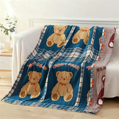 Blue teddy bear gauze cotton bath towel bedroom blanket