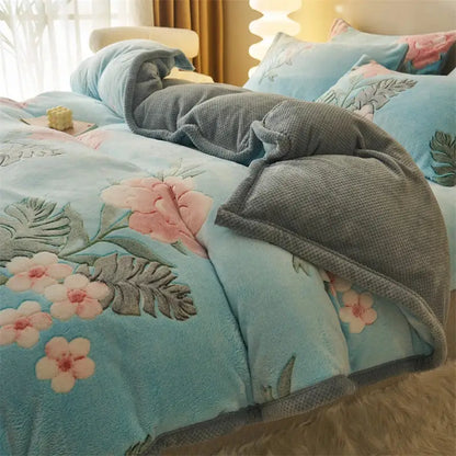 Blue teddy bear winter velvet duvet cover bedroom plush blanket