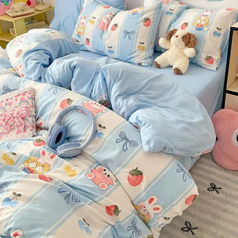 Blue & white bunny cloud cotton printed bedding sets bedroom quilt set