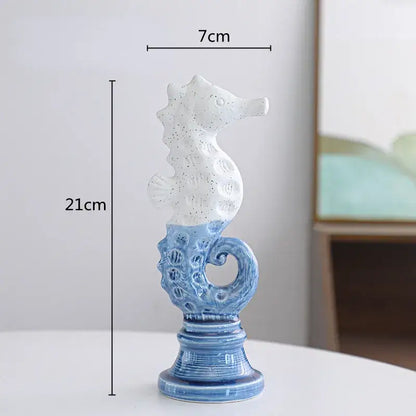 Blue & white cartoon seahorse ceramic statue living room decor