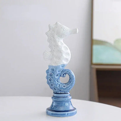 Blue & white cartoon seahorse ceramic statue living room decor
