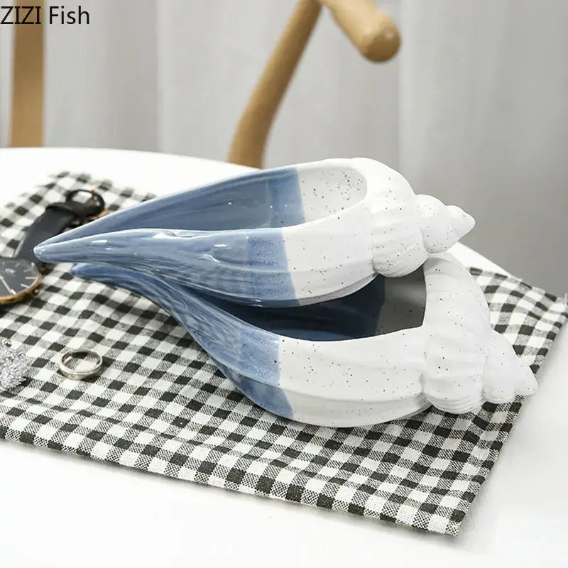 Blue & white ceramic marine life clamshell trays bedroom decor
