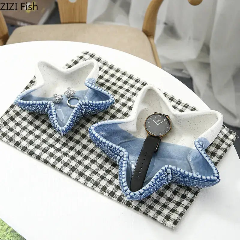 Blue & white ceramic marine life clamshell trays bedroom decor