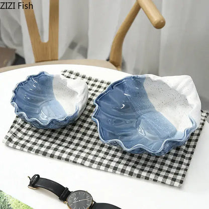Blue & white ceramic marine life clamshell trays bedroom decor