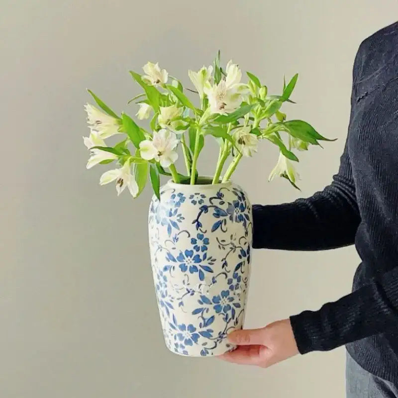 Blue & white ceramic vase living room ice crack floral decor