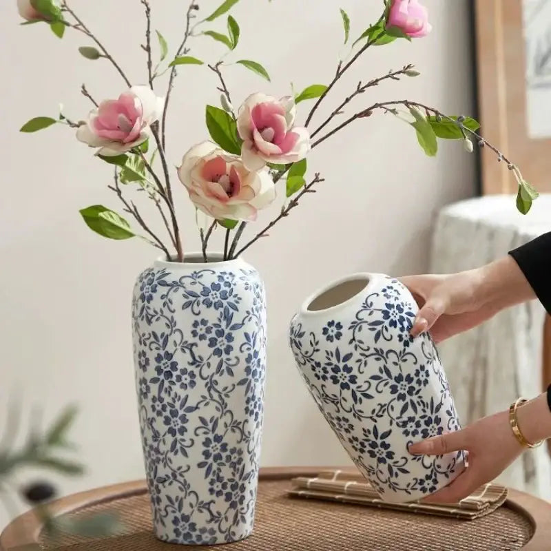 Blue & white ceramic vase living room ice crack floral decor