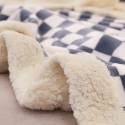 Blue & white double layer lamb wool checkered blanket bedroom throw