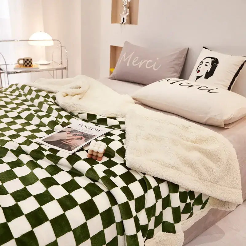 Blue & white double layer lamb wool checkered blanket bedroom throw