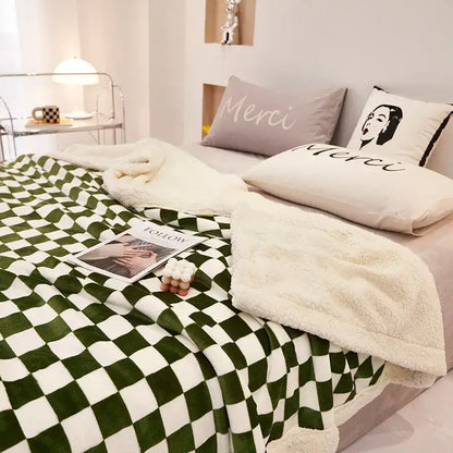 Blue & white double layer lamb wool checkered blanket bedroom throw