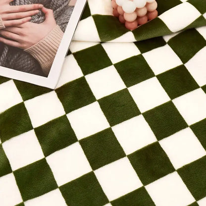 Blue & white double layer lamb wool checkered blanket bedroom throw