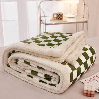 Blue & white double layer lamb wool checkered blanket bedroom throw