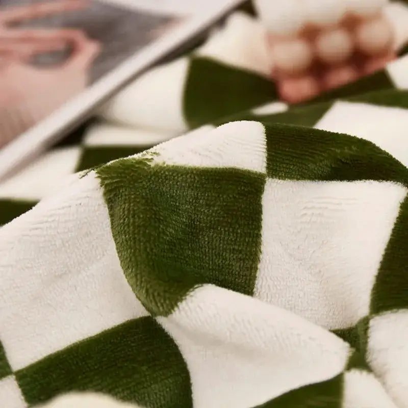 Blue & white double layer lamb wool checkered blanket bedroom throw