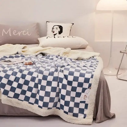 Blue & white double layer lamb wool checkered blanket bedroom throw