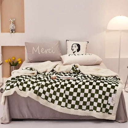 Blue & white double layer lamb wool checkered blanket bedroom throw