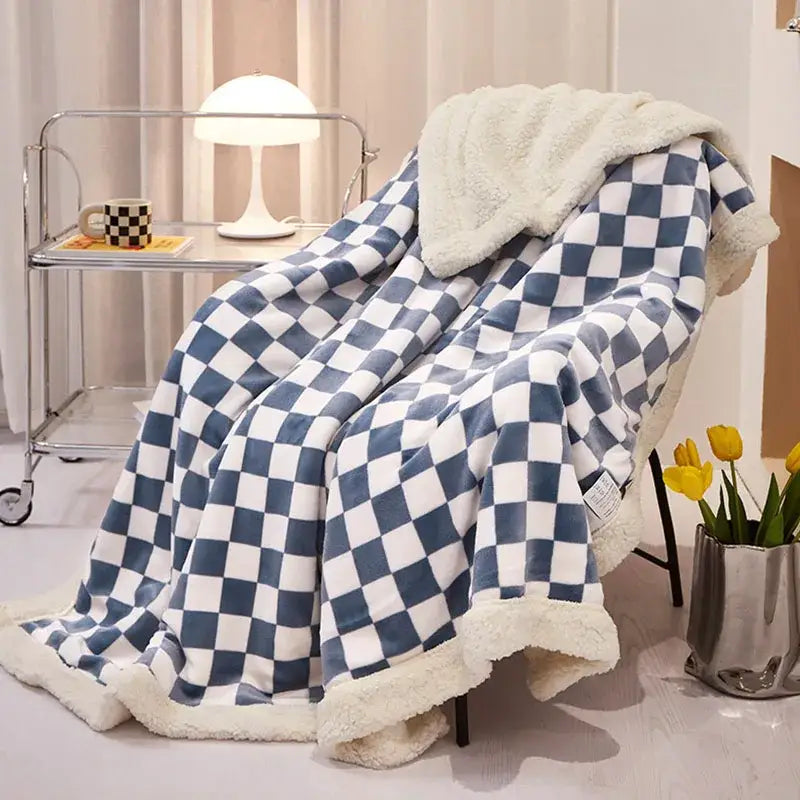 Blue & white double layer lamb wool checkered blanket bedroom throw