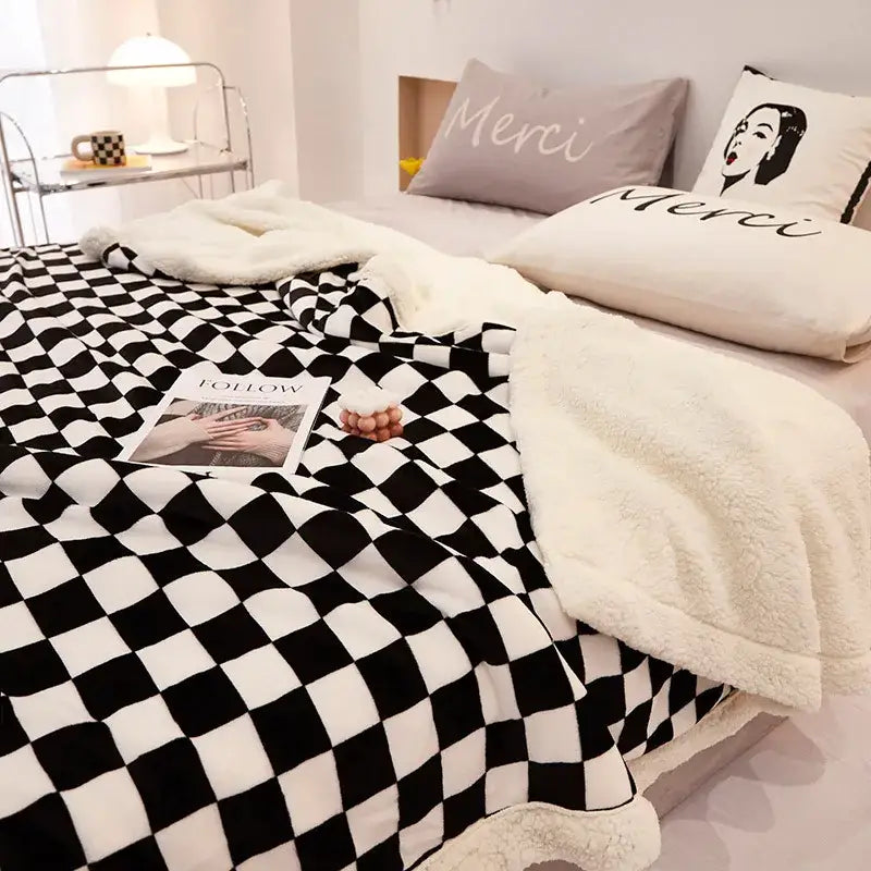Blue & white double layer lamb wool checkered blanket bedroom throw