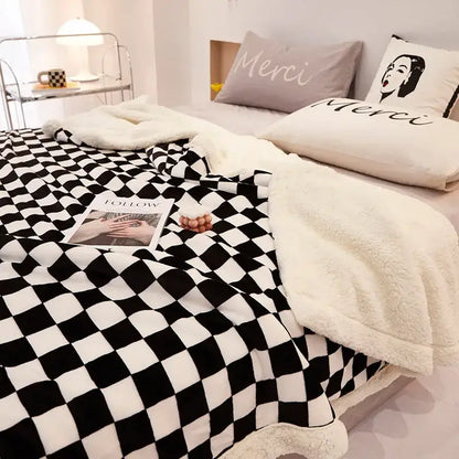 Blue & white double layer lamb wool checkered blanket bedroom throw