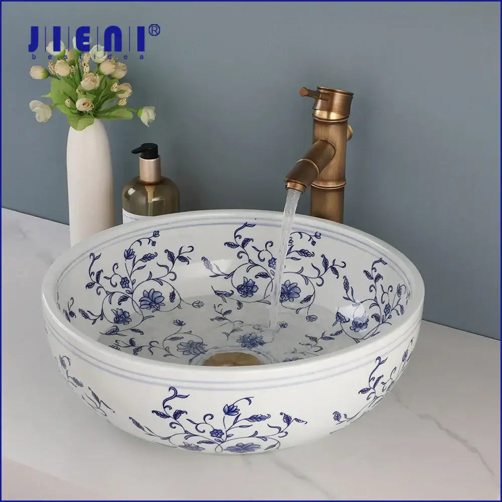 Blue & white porcelain basin set with pop drain – bathroom sink