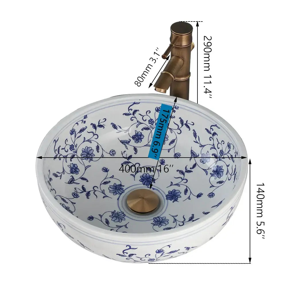 Blue & white porcelain basin set with pop drain – bathroom sink