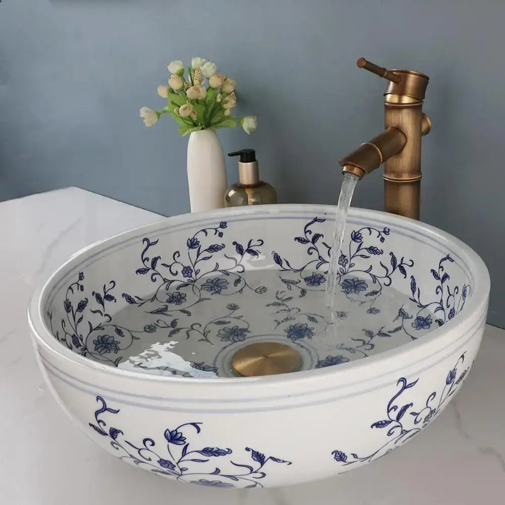 Blue & white porcelain basin set with pop drain – bathroom sink