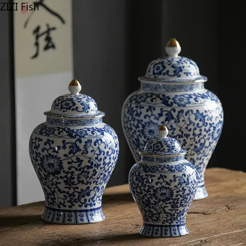 Blue & white porcelain jar with gold plating – living room decor
