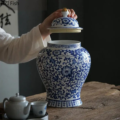 Blue & white porcelain jar with gold plating – living room decor