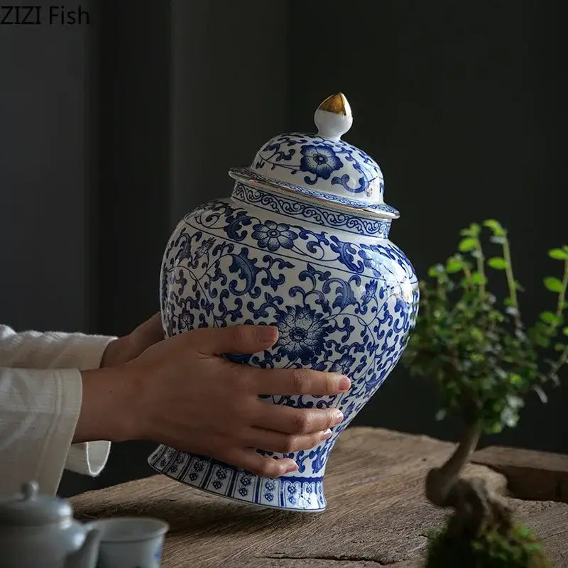 Blue & white porcelain jar with gold plating – living room decor