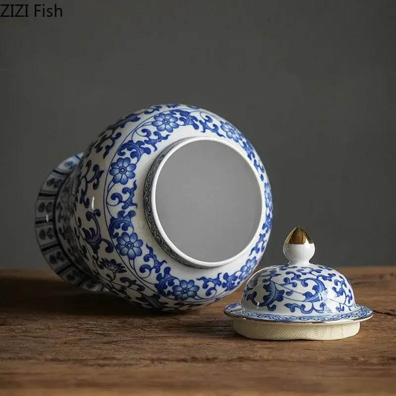 Blue & white porcelain jar with gold plating – living room decor