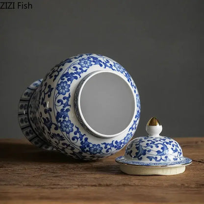 Blue & white porcelain jar with gold plating – living room decor
