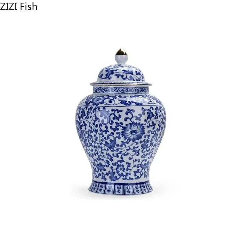 Blue & white porcelain jar with gold plating – living room decor