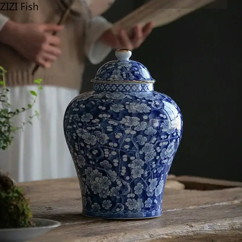 Blue & white porcelain jar with gold plating – living room decor