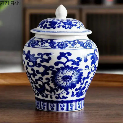 Blue & white porcelain tea canister kitchen storage jar