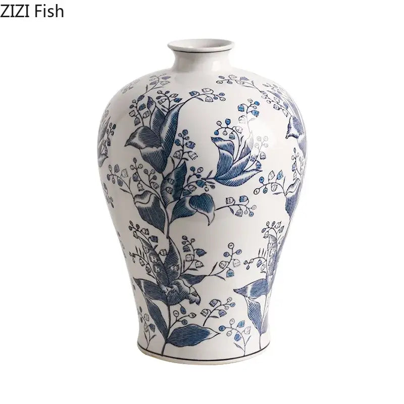 Blue & white porcelain vase living room floral bird decor