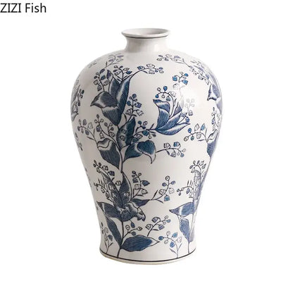 Blue & white porcelain vase living room floral bird decor