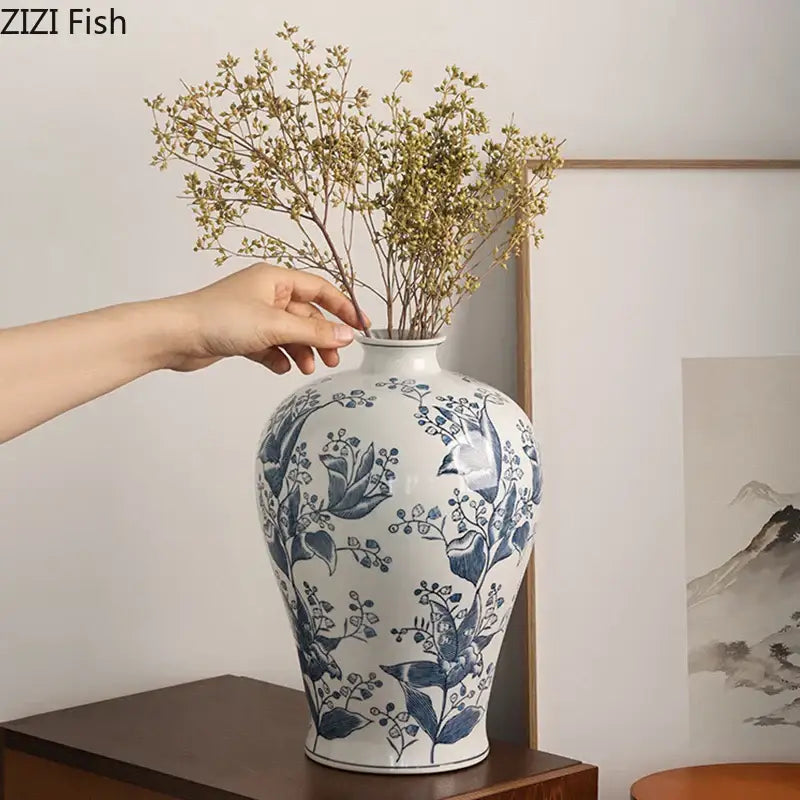 Blue & white porcelain vase living room floral bird decor