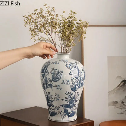 Blue & white porcelain vase living room floral bird decor