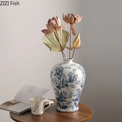 Blue & white porcelain vase living room floral bird decor