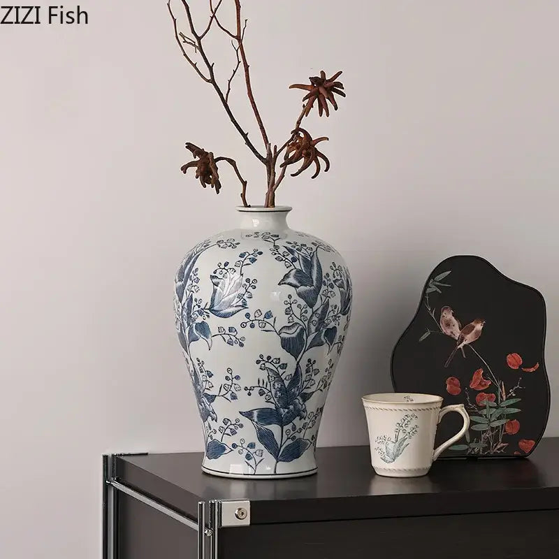 Blue & white porcelain vase living room floral bird decor