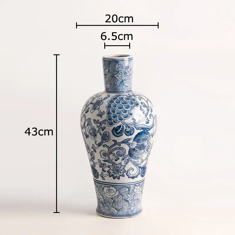 Blue & white porcelain vase living room floral bird decor