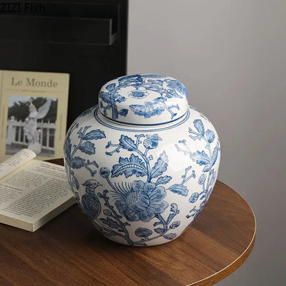 Blue & white porcelain vase living room floral bird decor