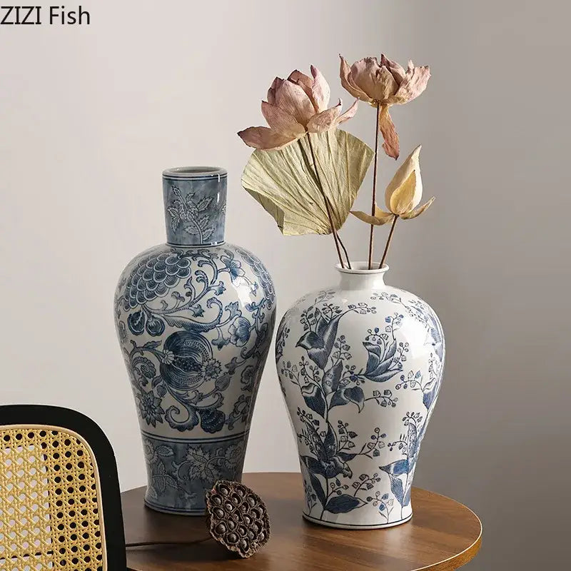 Blue & white porcelain vase living room floral bird decor