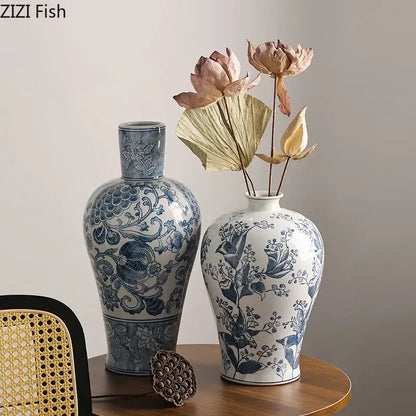 Blue & white porcelain vase living room floral bird decor