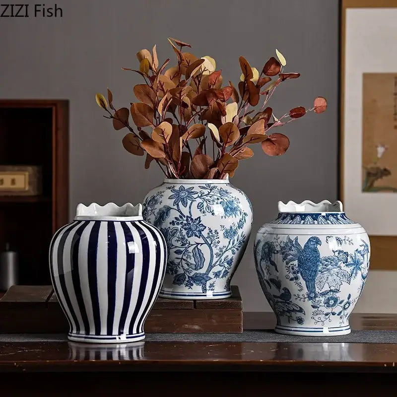 Blue & white porcelain vase set with artificial flowers desk decor