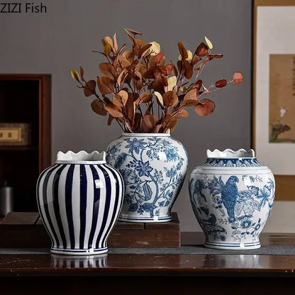 Blue & white porcelain vase set with artificial flowers desk decor