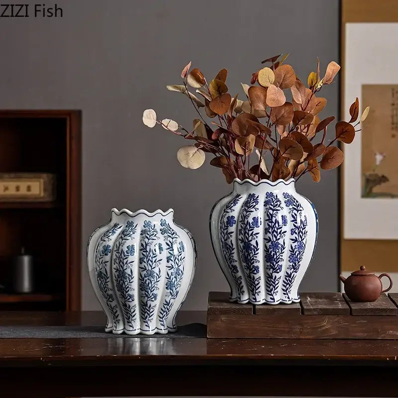 Blue & white porcelain vase set with artificial flowers desk decor