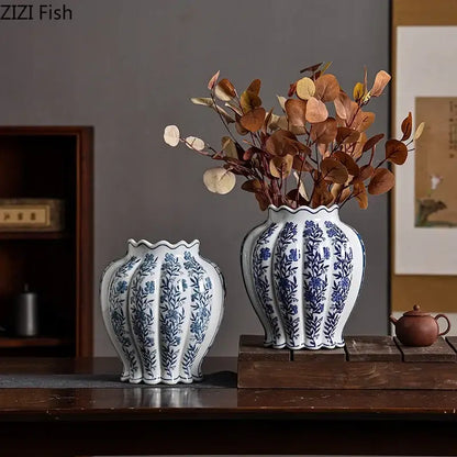 Blue & white porcelain vase set with artificial flowers desk decor