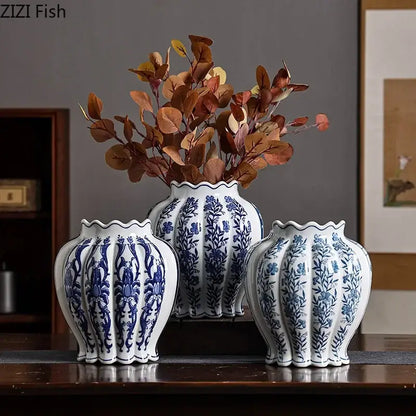 Blue & white porcelain vase set with artificial flowers desk decor