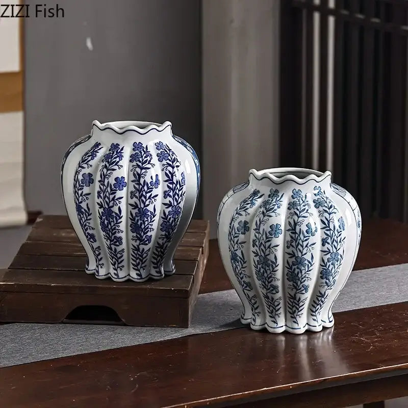 Blue & white porcelain vase set with artificial flowers desk decor