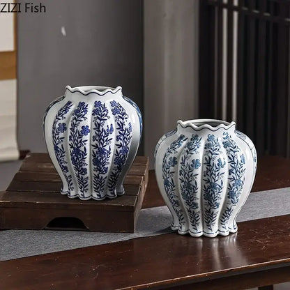 Blue & white porcelain vase set with artificial flowers desk decor